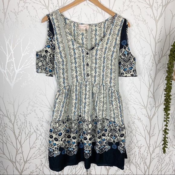 BAND OF GYPSIES Blue Floral Cold-Shoulder Mini Dress medium Boho - Picture 5 of 12